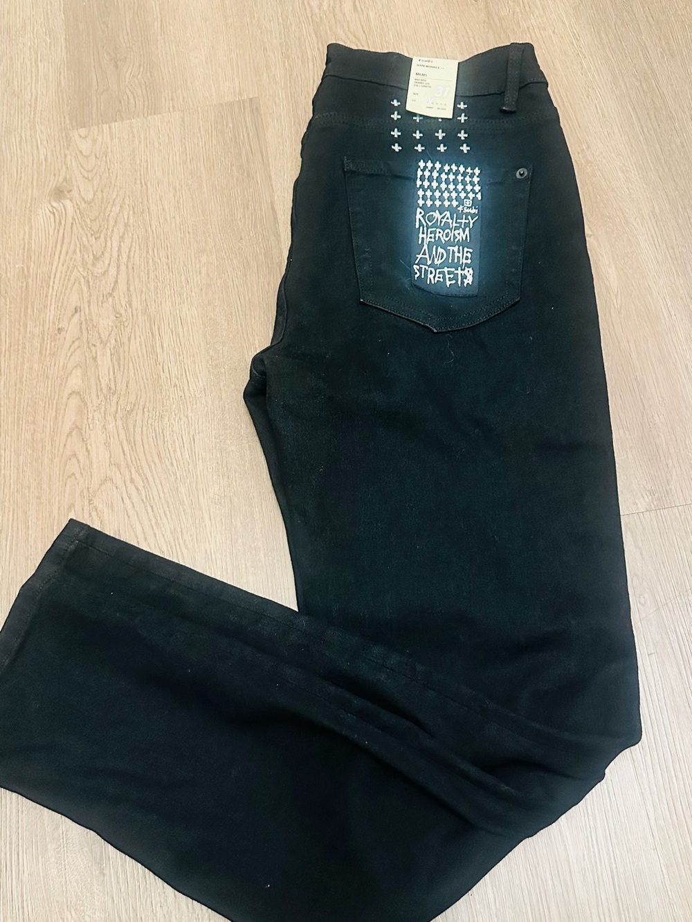 Ksubi Black Slim Straight Jeans with White Back Pocket Graphic